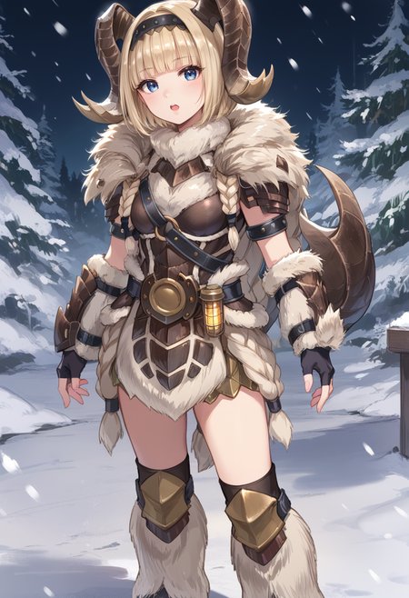 (score_9:0.9),score_8_up,score_7_up,rating_safe,anime style,(zPDXL),<lora:Banbaro beta armor ponyXL v1.2:0.77>,banbaro beta armor,1girl,solo,blue eyes,horn hairband,short hair,open mouth,looking at viewer,blonde hair,white knee boots,white fingerless gloves,standing,:d,blunt bangs,snowing,