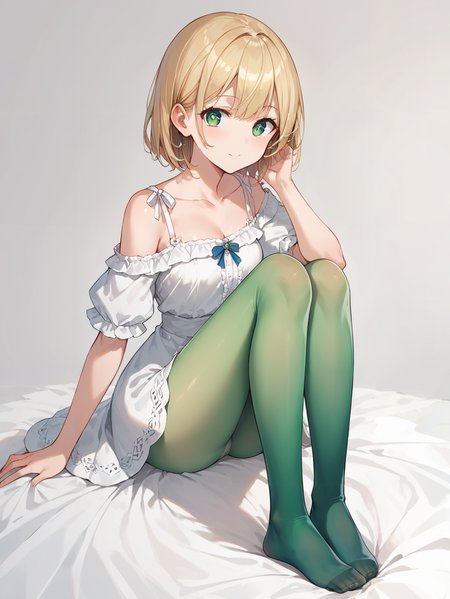 score_9, score_8_up, score_7_up,source_anime, high res image,masterpiece,best quality,(girl:1.0),cute face,clear skin,shiny hair,ultra detailed eyes,simple background, dress,<lora:gradient pantyhose_pony_V1.0:0.7> gradient pantyhose,green  pantyhose,no shoes,sitting