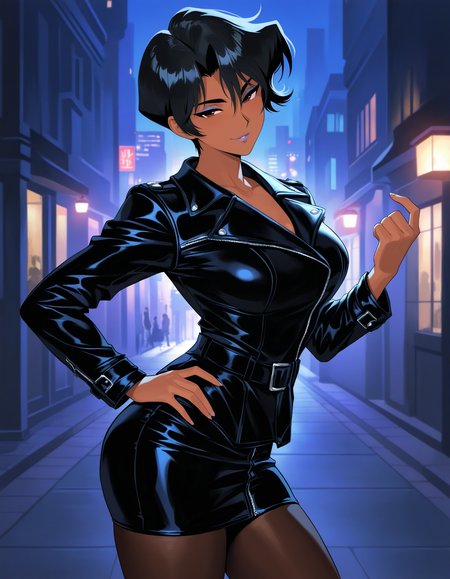masterpiece, good quality, best quality, absurdres, highres, very awa, 
hayami ayuko, standing, hand on own hip, from side, cowboy shot, beckoning, 
dark-skinned female, 1girl, solo,
looking at viewer, smirk, seductive smile, half-closed eyes, head tilt, 
black hair, short hair, brown eyes, makeup, lips, lipstick,
black coat, black pantyhose, black skirt, leather coat, 
thighs, large breasts,
outdoors, city, street, night, sidelighting, city lights, 
<lora:Hayami Ayuko 3216 NoobAIXL Vpred:1>