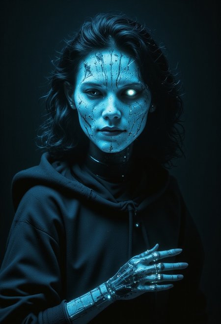 She moves with an eerie, fluid grace, Chiaroscuro Lighting Style, an ethereal blend of organic beauty and advanced technology. Her glowing, cyborg skin pulses with electric blue lines, shifting like the circuitry of a living neural network. With every step, the intricate patterns on her face seem to shift, her hollow eyes glowing with an unsettling, all-knowing aura, as if she is seeing beyond the physical realm. The deep gradient of her skin—from white to pale blue—glows softly, flickering with subtle digital glitches that suggest an intelligence far beyond human.
A trace of humanity lingers in her, an unexpected contrast. partially covered in shadows, The faintest hint of a rugged, slightly muscular form can be seen beneath the smooth, digital surface, like a shadow of a man interwoven with her cybernetic being. Her hair, a tangle of static-like strands, falls loosely over her glowing face, revealing one sharp, piercing eye that gleams with intensity and mischief. A sly grin plays across her lips, an intriguing mix of charm and danger.
The soft monitor light that casts across her creates a haunting ambiance, highlighting the fusion of organic and technological textures. Her attire—an oversized vintage black hoodie paired with sleek, glowing elements—blends seamlessly with the sophisticated yet raw energy of her presence. Each movement is deliberate, a perfect harmony of man and machine, captivating in its unsettling beauty and unreachable depth.