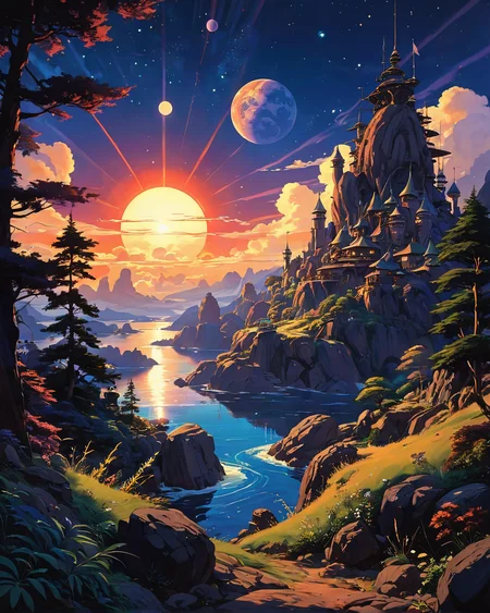 (epic landscape:1.5),  (studio ghibli drawing), (studio ghibli painting),best quality, masterpiece, extremely detailed,  professional  art,  professional painting, an extremely delicate and beautiful, dynamic,  great lighting, perfect shading, professional shading, depth of field,   side soft light, elegant, gorgeous, highly detailed,   full shot, uncropped,   pure genious, absolutely perfect,  highly detailed, breathtaking,  
image style is Fill Light and Hard Edge Lighting Shadow/Highlight Enhancement and Split Toning and Infrared Effect , , futuristic with fluid detail in the style of Syd Mead  ,, coronal flares and galaxy  and earthlike planet, beautiful light scenery, cinematic lighting, godrays, light beams,
<lora:EldritchRomanceIllustration1.3.1:0.5>,
 <lora:- SDXL - vanta-black_contrast_V3.0:0.2>,
 <lora:add-detail-xl:0.7>,
 <lora:detailed_notrigger:0.7>,