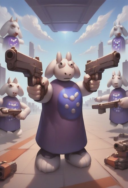 score_9, score_8_up, score_7_up, source_cartoon, 3dtoriel, solo, furry, tpose, holding gun, handgun, akimbo, dual wielding