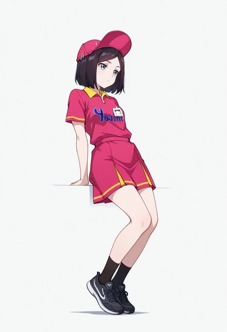 masterpiece,high quality details, absurdres,
 <lora:Sara_Takahashi:0.8> 
sara_cnr,1girl, black hair, bob cut,  short hair, bangs, blue eyes,
 sara_s1, employee uniform,pink shirt, short sleeves,pink skirt, hat,black socks,black sneakers,, simple background, white background, front view,solo,, pensive,disdain,, standing pose,slight torso twist,hands touching toes,