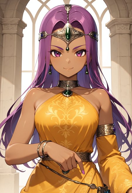 masterpiece, best quality, very aesthetic, absurdres, 1girl, solo,
<lora:dqh2_meena_v01:0.8>, dqh2_meena, purple hair, long hair, purple eyes, dark-skinned female,
circlet, earrings, jewelry, yellow dress, bare shoulders, single detached sleeve, single armlet, single bracelet, (smile:0.7), posing, upper body