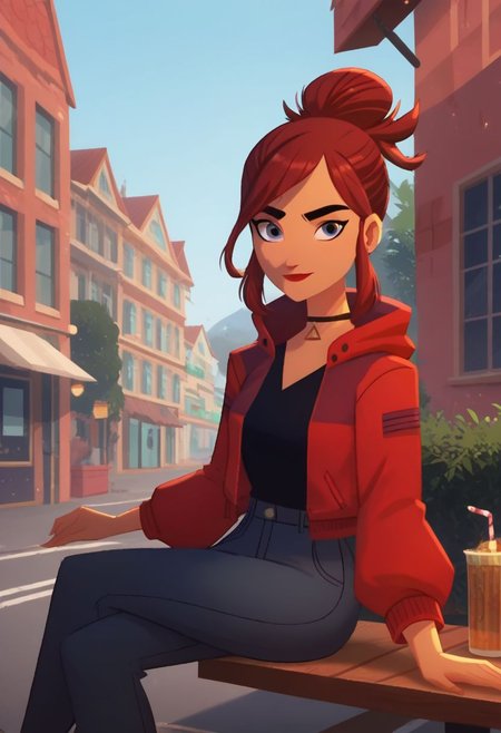 score_9, score_8_up, score_7_up, score_6_up, Carm3n Sandi3go, blue eyes, red jacket, black shirt, dark grey jeans, updo hair, red hair, necklace, on street, sitting, hands on table, looking at viewer,smile