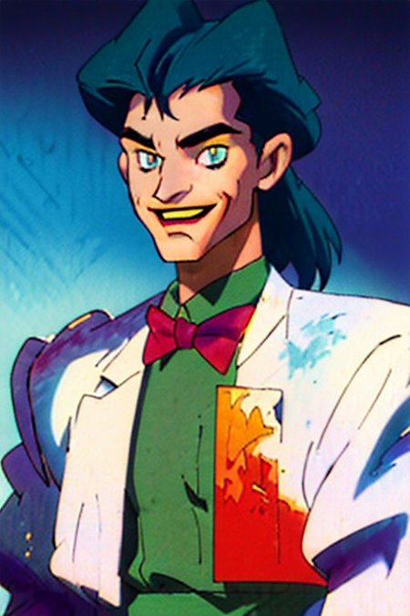 masterpiece, score_10, score_9, score_8_up, score_7_up, anime screencap, watercolor, ((DC comics joker:1.3)), (sugimori ken 1990s), (batman adventures), ((bruce timm style)), semi realistic, batman adventures, 1boy, the joker, dc comics, ((white skin:1.3)), ((bleached-white skin:1.3)), ((slicked-back black-green hair:1.3)), ((yellow sclera)), ((jaundiced eyes)), ((red irises:1.3)), dark red pupils, crazy eyes, dark eyes, bags under eyes, solo, male focus, looking at viewer, gloves, ((evil smile:1.3)), shirt, purple bow, dark background, dark mood, scary, purple jacket, upper body, long sleeves, green shirt, purple headwear, purple bowtie, evil grin, purple shirt, simple background, suit, laughing, formal <lora:batman_adventures_offset:1> divinesplatter, watercolor