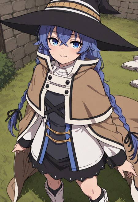 masterpiece, best quality, eyelashes, (beautiful eyes), medium breasts,   zzRoxy, blue eyes, hair between eyes, ahoge, blue hair, long hair, twin braids, crossed bangs,   skirt, long sleeves, dress, hair ribbon, boots, socks, black skirt, cape, kneehighs, black headwear, black ribbon, witch hat, white footwear, black socks, cloak, brown cape  ,smile, looking at viewer,   ,<lora:RoxyMigurdia_IXL:1.0>,