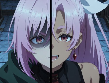 masterpiece,best quality,amazing quality,very aesthetic,absurdres,newest, huge filesize,
<lora:spo_sdxl_10ep_4k-data_lora_webui:0.5>,nageki no bourei wa intaishitai, official art, 
 1girl, SplitScreen, split screen, upper body, <lora:SplitScreen_illusXL_Incrs_v1:1>, 
BREAK
 1girl, SplitScreen, split screen, upper body, shaded face, 
pink hair,short hair,green cloak,
bow at the neck,black outfit,leather belt,
pouches,
 black pantyhose, 
confident expression,
medieval-inspired design,fantasy attire,
<lora:Let_This_Grieving_Soul_Retire_Sitri_SMART_IL:0.8>
BREAK
 1girl, SplitScreen, split screen, upper body, smile, 
 1girl, dark skin, pink hair, long hair, red eyes, single sidelock, jeart-shaped earrings, ponytail, ribbon, tube top, bare shoulders, detached sleeves, fingerless gloves, single gauntlet, red denim shorts, fur trim, belt, strap, pouch, thigh holster, greaves, indoors, tavern, smile, open mouth, closed eyes <lora:Liz_nageki_illus_v2_r1:0.8>,