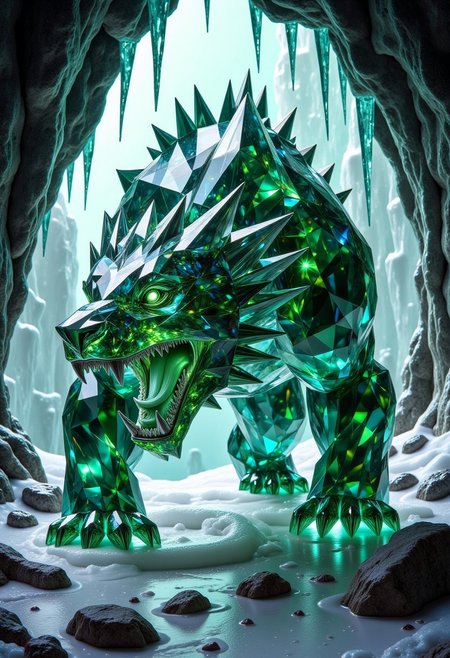 FluxEpicDragon, a crystalline bear made of cut green emeralds and blue diamond gemstones with subsurface scattering and light transmission, with a small head, in a beastly stance, roaring with large crystal fangs, monstrous and colossal, jagged gemstone fur, inside an icy cave with greenish icicles hanging down