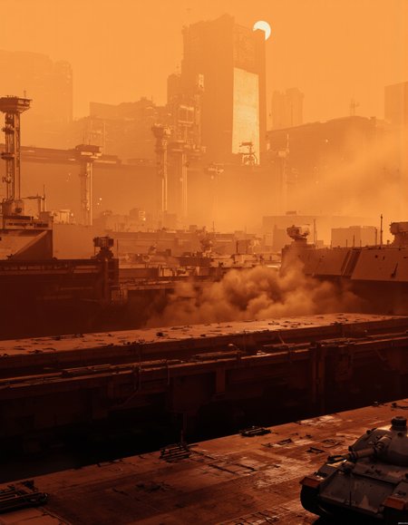 By Paul Chadeisson. A digital illustration shoot from a far camera angle about a futuristic industrial landscape during sunset, featuring a large industrial area filled with tall buildings and machinery. the scene is set in a smoky, orange-hued environment, with the sun setting in the background, casting a warm glow over the scene. in the foreground, a tank vehicle is visible, partially obscured by the smoggy atmosphere. the image also shows a cityscape in the distance, with tall, industrial structures and cranes silhouetted against the orange sky. on the bottom right corner of the image, the artist's signature "paul chadelson" is visible in the bottom left corner.