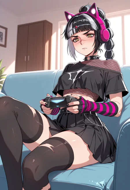 masterpiece, best quality, amazing quality, 1girl, solo, 
ggheart , scar on face,
braid, bangs, multicolored hair,
cat ear headphones, skirt, striped gloves, torn thighhighs, black skirt, crop top, fishnets, 
<lora:ggShadowheart_illustrious_byJaneB:1>
, controller, , couch, game controller,  holding controller, black skirt, indoors, ,