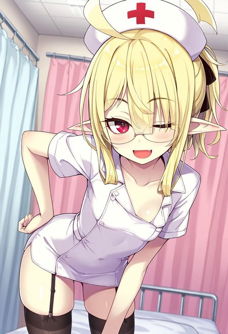 (1girl, solo) <lora:Airi_-_Ogami_Kazuki:1> airi, 1girl, blonde hair, glasses, red eyes, ahoge, hair over one eye  pointy ears,  small breasts, jewelry, smile, nurse cap, one eye closed, white dress, garter straps, thighhighs, blush, , short sleeves, ;d, black thighhighs, looking at viewer, female focus, nurse, hat, indoors, dress, hand on hip, bow, collarbone, infirmary, ,(skindentation:1.2), shiny skin, shiny body, shiny hair, (best quality) , (highly detailed) ,((masterpiece)), ((best quality)), (ultra-detailed), ((extremely detailed)), (high resolution), 4K, (8K), best quality, (beautiful), (super detailed skin), sharp focus,detailed eyes、,