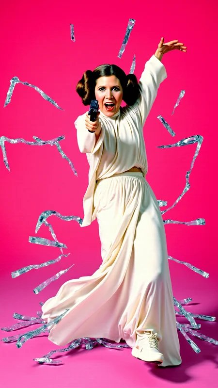 <lora:Carrie_Fisher_Flux:1.2>  <lora:Hand v2:1> A dynamic, high-energy scene captures Carrie Fisher as Princess Leia Organa holding a blaster from starwars pointed at viewer in a fierce pose, mid-action as she bursts through a shattered glass surface, shards flying in all directions. Perfect hands. The background is a solid, vivid HotPink, creating a stark, intense contrast with the sharp, reflective fragments of glass. She's a young woman with fair skin and brown hair styled in two large, round buns, dressed in her iconic white, floor-length gown, which features a high neck and long, flowing sleeves.   Her body is marked with small cuts from the glass, droplets of blood glistening under the light. Her expression is one of pure fury, his eyes locked onto the viewer as if they are the target of her rage. Her pose is explosive, one leg extended forward as if sheâs leaping through the air, his arms raised defensively or ready to strike. The glass shards around him are frozen in mid-air, their jagged edges catching the light and creating a chaotic, almost surreal effect. The HotPink background amplifies the intensity of the moment, evoking a sense of danger and raw emotion. The atmosphere is charged with adrenaline, the aftermath of his violent breakthrough palpable in every detail. The image feels as if itâs happening directly in front of the viewer, Carrie Fisher as Princess Leia Organaâs momentum and the flying glass creating a sense of immediacy and immersion. Itâs a moment of chaos and power, a snapshot of rage and determination frozen in time. The combination of the HotPink backdrop, the sharp glass, and Carrie Fisher as Princess Leia Organaâs fierce expression makes for a visually striking and emotionally charged composition. She goes forward, driven by duty and the promise of glory.