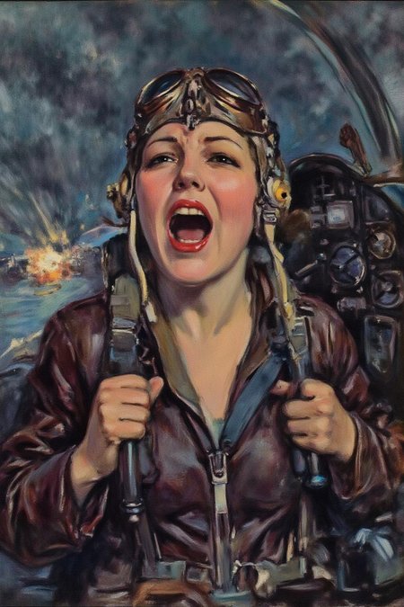 howardchandlerchristy1 illustration.
A female pilot screaming inside the cockpit of a World War II bomber. The pilot, wearing a vintage leather flight helmet with goggles and a bomber jacket, grips the controls with white-knuckled hands. Her face is contorted in a mix of fear and determination as she yells, her eyes wide with adrenaline. The cockpit is cramped and filled with old-fashioned dials and gauges, with the outside view showing dark stormy clouds and distant anti-aircraft fire.  <lora:howardchandlerchristy1_d8a4e11:1.0><lora:865846381510662952:0>
