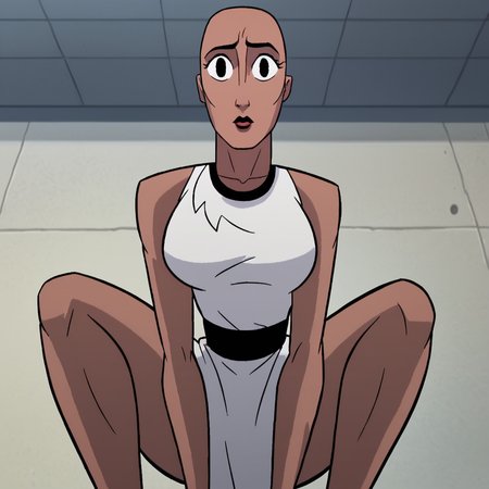 1girl, solo, dark skin, black eyes, bald, large breasts, narrow waist, wide hips, looking at viewer, squatting, pov, from below, highres, high quality, masterpiece,  <lora:Mira_PRIMAL:1>