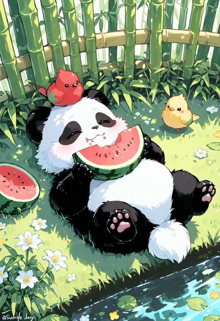 baby panda, fat, round shape, fluffy, detailed fur,
chibi, kawaii, cute, small paws, small tail, white tail,
single small red bird on head,
lying on back, relaxed, serene expression,
round ears,
watermelon on belly, after eating,
detailed background,
bright green grass, long grass, yellow flowers, white flowers, small flowers,
pond, water, lily leaf on water
soft dappled sunlight, gentle shadows,
light-colored bamboo fence, bamboo fence, foliage,
clean lines, smooth shading,
cheerful colors, bright colors, fresh green, sunny yellow, black fur, white fur,
tranquil, heartwarming, peaceful rest, sunny day,
high angle, top-down view,
masterpiece,best quality,amazing quality,
<lora:ma1ma1helmes_b:0.7>, <lora:96YOTTEA-WAI:0.5>, <lora:Smooth Booster:0.5>, <lora:ponyv5_noobV065S_1_adamW:0.6>