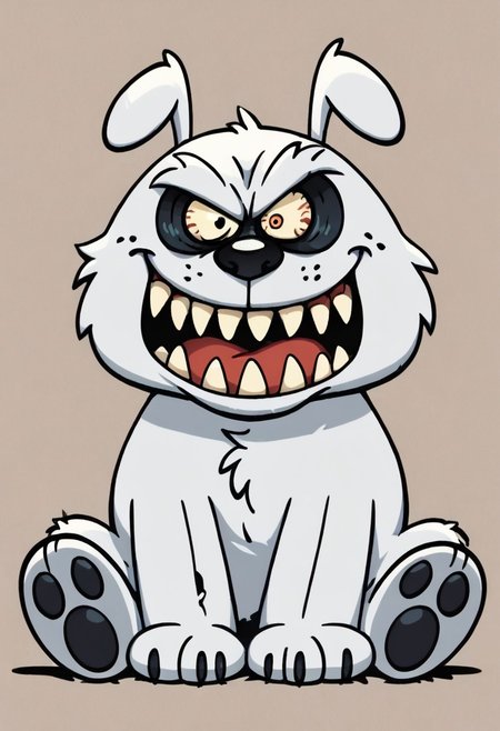 (score_9 | score_8_up | score_7_up) ((masterpiece:1))(best quality,very high quality,ultra detailed:1.2) (2D,cartoon style,anime style)(Smooth:2)(clean blurring) (four fingers on each hand,one thumb on each hand:1), solo, charles, dog, black spot on left eye, white fur, paw, dog paws, runaway brain, monstrous look, angry face, exagerated features, intense eyes, aggressie expression, hunched, menacing, sharp teeth, hunched over, full body