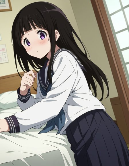 score_9, score_8_up, score_7_up, source_anime,
eruchitanda, <lora:eru-chitanda-s1-ponyxl-lora-nochekaiser:1>,
eru chitanda, long hair, black hair, bangs, blunt bangs, purple eyes, sidelocks,
skirt, school uniform, serafuku, kamiyama high school uniform \(hyouka\), black skirt, long sleeves, black sailor collar,
indoors, bed, bed room, on side, blush, drunk,
looking at viewer, cowboy shot, dutch angle,