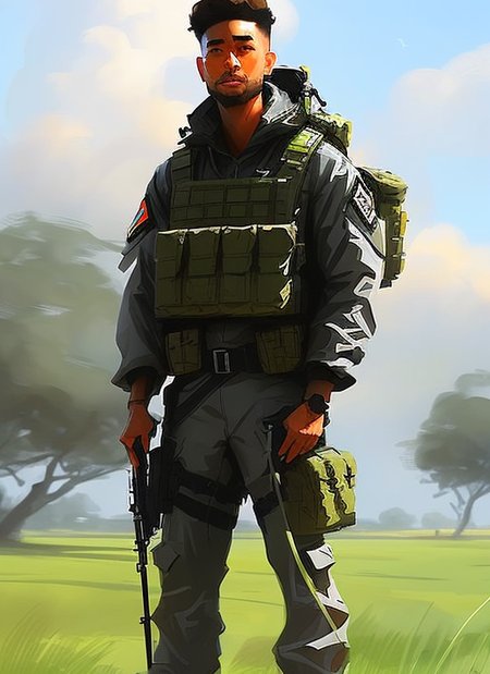 samdoesarts;  an image of man with military gear, cargo pants, (intricate), (detailed), digital art,  dynamic pose