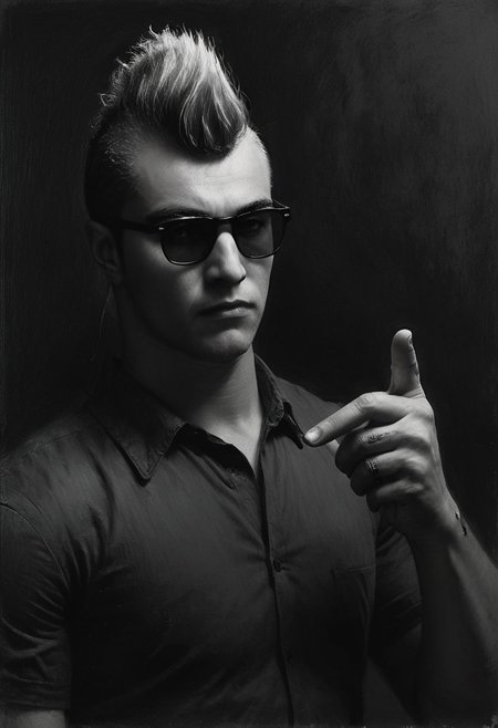 civitametapunkSDXL, 1boy, ash mohawk hair, black suit, dark glasses, pointing with a finger,<lora:MattSchustyle3:0.1> MattSchu,  dark atmosphere <lora:Rafael_DeSoto:1.2> 1960s, Rafael DeSoto style, black and white photo, dramatic photo, low key light, Rembrandt Lighting style, Rembrandt shadow style, Black and white art, black pencil shading, charcoal drawing, toned paper, pencil drawing, brutal dark b/w color scheme
