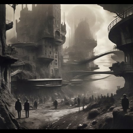 eldoria dark surreal alien city in forest, groups of people, dark atmosphere, very realistic detail, cinematic<lora:eldoria:1>