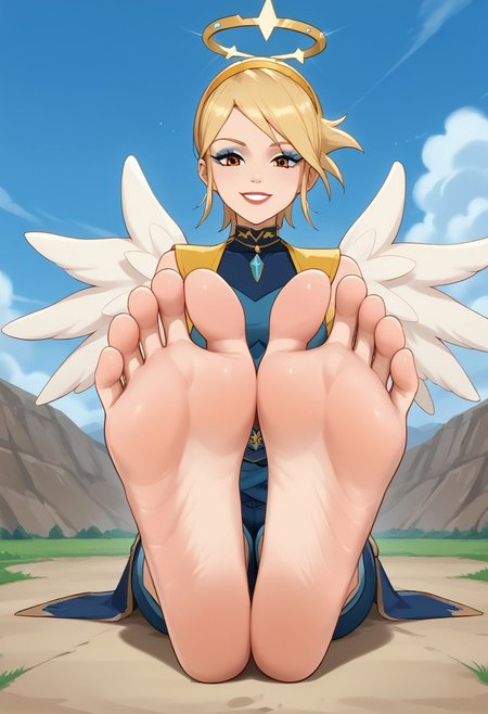 score_9, score_8_up, score_7_up, score_6_up, score_5_up, score_4_up, source_anime, BREAK, (masterpiece:1.4), (best quality:1.2), expressive eyes, perfect face, perfect anatomy, accurate anatomy, perfect feet, perfect soles, 1 girls, feet, soles, toes, foot focus, front view, smile, cute expression, clean feet, sitting, hands on ground, showing feet, barefoot, PONYXL_WaifuFeetPics_ownwaifu, feet, Piper, light skin, light skin female, orange eyes, blonde hair, spiked hair, sidelocks, golden-yellow hairband, sleeveless, golden-yellow crystal pendant choker, sky-blue colored bridal gauntlets, sky-blue colored leather shirt, sky-blue colored pants, sky-blue colored partially fingerless gloves, cel shading, barefoot, angel wings, halo, glowing halo, (blue eyeshadow), makeup, red lips, lipstick,