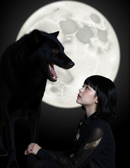 Dark Fantasy Art, film noir style **Visual Elements:**,1girl,HANNI/,solo,<lora:FLUX_HANNI:1.2>,(wolf:1.3),black,(snarling:1.4),The image is a photograph of a large and terrifying black wolf howling at the moon next to a young Asian woman with medium skin tone and small build,<lora:FLUX_HANNI:1.2>,She has a short bob haircut with straight dark brown hair framing her face,Her eyes are almond shaped and she has light brown eyebrows,Her lips are slightly parted with a natural pink hue,She is dressed in THE SKINS OF AN ANIMAL,The two of them howl facing each other with a gigantic full moon behind them,The overall style of the photograph is casual and spontaneous,capturing a moment of stillness and introspection,High-octane rendering,dramatic,volumetric,and highly detailed lighting,Antique,mechanical,gears,intricate and detailed.,<lora:screen_eyes:1>,<lora:Hand v2:1>,<lora:detailed_skin_portraits:0.3>, . monochrome, high contrast, dramatic shadows, 1940s style, mysterious, cinematic, dark, moody, dark fantasy style