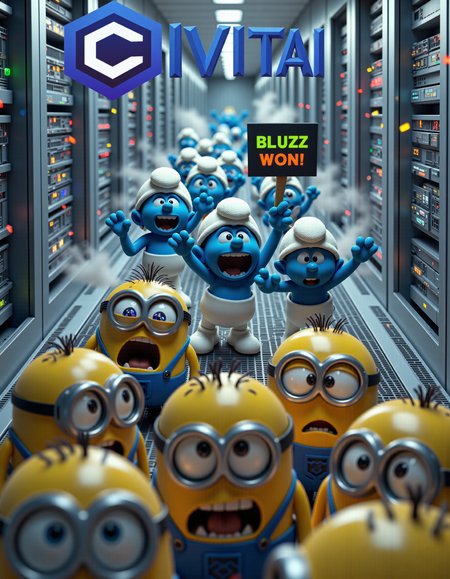 aidmamj6.1, top view of Inside a modern server room, rows of towering servers and data centers stretch infinitely. on top of image a group of blue cheerful Smurfs raising thier hands placed in background chasing away yellow scared minions placed in foreground. Smurfs are triumphant and cheering. one Smurf holds a holographic banner proclaiming "Bluzz won!". at bottom of image yellow scared minions placed in foreground  scatter into hidden compartments and slide open transparent panels, their eyes showing alarm.  Smoke streams from cooling vents; the scene is illuminated by soft glow of monitors and LED lights.  digital confetti floating around. Light beams from overhead LED strips create a futuristic ambiance. on top of image floating civitailogo and floating blue text "IVITAI", <lora:flux\Textimprover-FLUX-V0.4.safetensors:1.0:1.0> <lora:flux\aidmaMJ6.1-FLUX-v0.5.safetensors:0.7000000000000001:0.7000000000000001> <lora:flux\civitaiLogoFlux.safetensors:1.0:1.0>