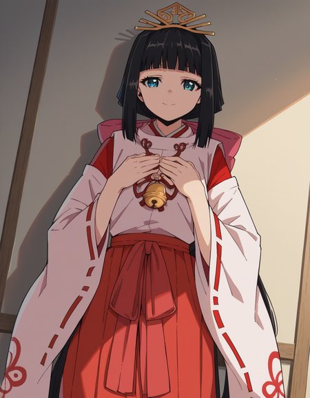 score_9, score_8_up, score_7_up, source_anime, <lora:nigewaka-shizuku-s1-ponyxl-lora-nochekaiser:1>, shizuku, long hair, bangs, blue eyes, black hair, blunt bangs,, japanese clothes, bell, miko, skirt, long sleeves, ribbon, wide sleeves, red ribbon, ribbon trim, hakama, hakama skirt, jingle bell, ribbon-trimmed sleeves, miko, red hakama,, hospital room, bedside, get well flowers, comforting, quiet, smile, looking at viewer, hands on own chest,, solo,, cowboy shot, dutch angle