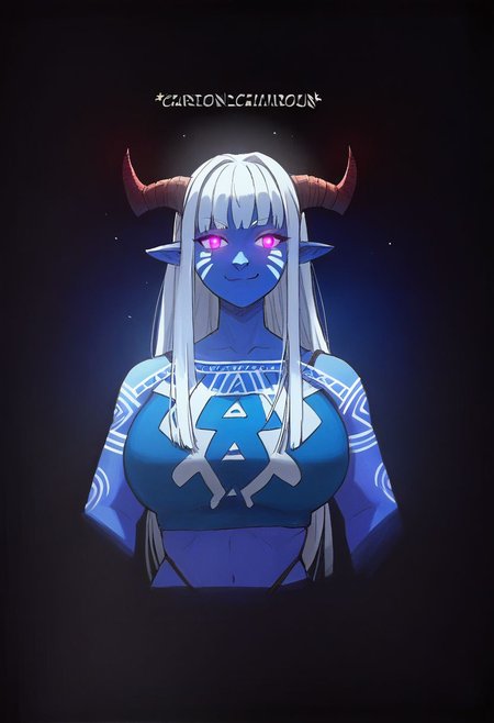 score_9, score_8_up, score_7_up, score_6_up, <lora:Chris_Chan:1.5>
BREAK score_9, score_8_up, score_7_up, BREAK,
1girl, portrait, beautiful, tiefling shaman, white hair, (long hair:1.3), side bangs, horns, barbarian, gladiator, war paint, tribal markings, long tail, blue skin, pink eyes, glowing eyes, (smug:0.85), (big breast:1.25), dramatic lights
