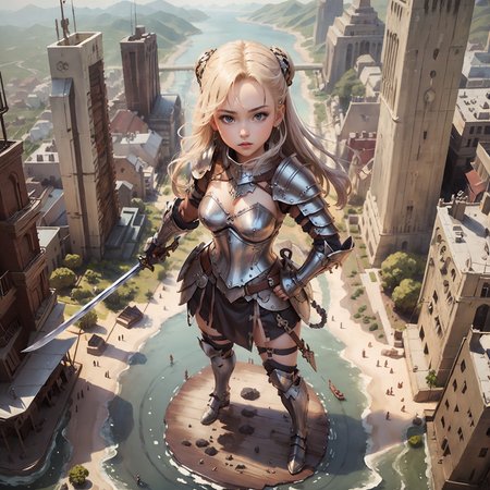 masterpiece,best quality,1girl, solo, armor,full body,holding sword,mini\(ttp\),city, miniature, landscape, isometric, <lora:miniatureWorldStyle_v10:0.8>