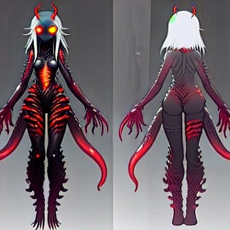 horror, blood, alien female, body horror, body modification , tentacles hair monster, monster girl,horror \(alien\), extra eyes, glowing,darkness, small boobs, thighs, red eyes, bigbadejo alien_monster, simple background, chara-sheet, model sheet