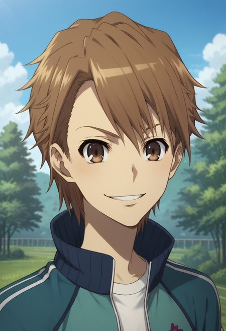 score_9, score_8_up, score_7_up, source_anime, highly detailed, 
naoya, 1boy, brown hair, short hair, male focus, brown eyes, smile, jacket, smile,  track jacket, pants, upper body
outdoor, sky, tree