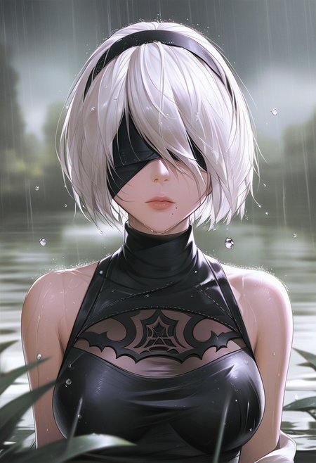 score_9, score_8_up, score_7_up, score_6_up, YXNGH,  detailed drawing, 1girl, solo, breasts, short hair, dress, bare shoulders, medium breasts, closed mouth, upper body, white hair, hairband, sleeveless, mole, blurry, black dress, lips, wet, depth of field, blurry background, turtleneck, black hairband, wet clothes, mole under mouth, facing viewer, rain, water drop, blindfold, wet hair, covered eyes, black blindfold, yorha no. 2 type b