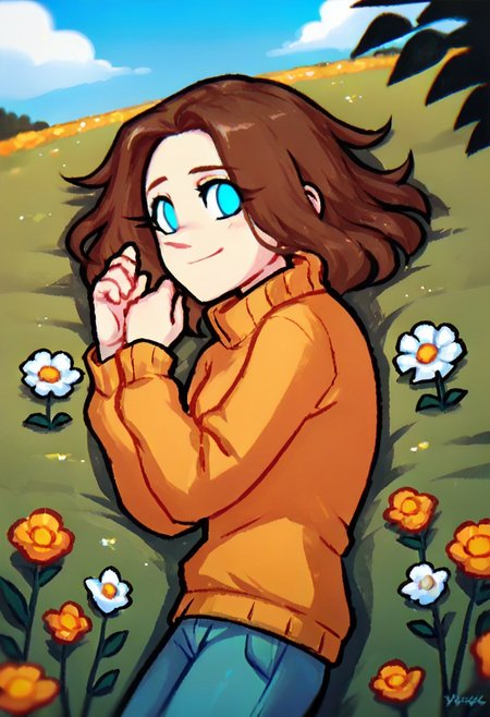 (score_9,score_8_up,score_7_up,score_6_up,score_5_up,score_4_up), source_cartoon, female, solo, xemilyx, brown hair, blue eyes, no pupils, garden, daytime, clouds, sunny, flower field, orange flowers, white flowers, white flowers, blue sky, lying on grass, closed eyes, sleep, trying to sleeping, cowboy shot, side view, shy smile, sweater.
derpixonstyle