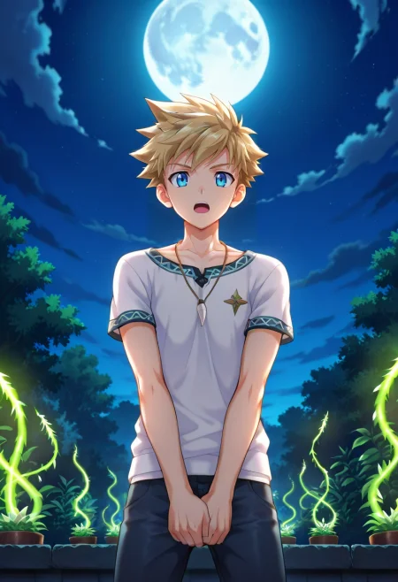 masterpiece, best quality, intricate details, anime screencap, , official style, looking at viewer, , 1boy, solo, male focus, <lora:connor_bleufin_ilxl:0.96>, connor_bleufin, blonde hair, blue eyes, short hair, spiked hair, , necklace, wide angle, wide shot, cowboy shot, energy plant, night, full moon, v arms, speaking, talking,