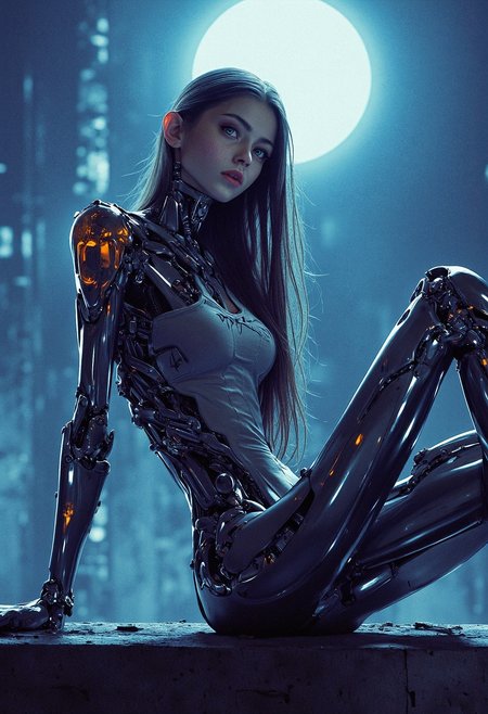 cinematic photo (best quality, masterpiece, colorful, dynamic angle, highest detailed), full body photo, fashion photography of cute 1girl, mechanical arms, cyborg, dark mood, dystopia, glowing, looking at viewer, sitting, long hair, bokeh (intricate details, hyperdetailed:1.15), detailed, moonlight passing through hair, (official cyberpunk art, extreme detailed, highest detailed), HDR+ . 35mm photograph, film, bokeh, professional, 4k, highly detailed, dramatic lighting, dark theme, low key  <lora:FLUX - DRKDLF - Styles for FLUX ( dramatic lighting, dark theme, low key ) :0.9> <lora:FLUX - Extremely Thin and Skinny:0.5> <lora:FLUX - Cyberpunk Anime Style:1>