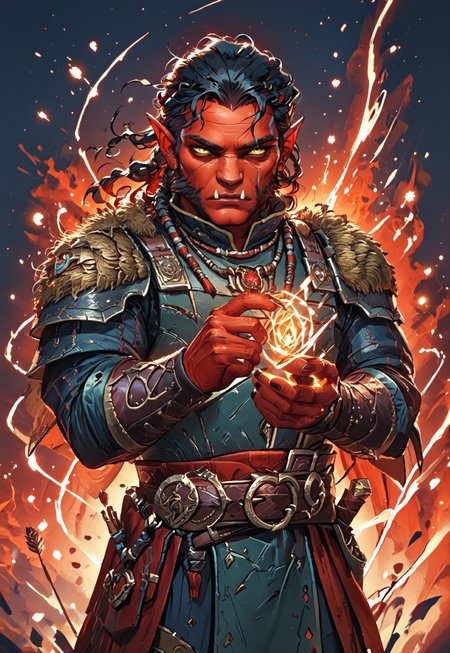 ((zPDXL3)), ((masterpiece,best quality, highly detailed)), ((score_9)), score_8_up, score_7_up, score_6_up, score_5_up, score_4_up, Digital painting style, brushstrokes, ((EnhanceImage)), solo, 1boy, Hobgoblin, red skin, yellow eyes, fangs, big nose, mutton chops, black hair, armor, pauldrons, belt, necklace, muscular,
Expressiveh, 30yo, 
chinese magical sorceress, animated, swirling magic, wisps of magic, magical accessories, evoking motion, conveying motion, dynamic splash art, ((handfixer)), four fingers, one thumb, 
<lora:PainterlyFantasiaPDXL:0.6>,