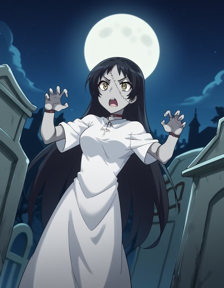 score_9, score_8_up, score_7_up, source_anime, <lora:ayame-kajou-s1-ponyxl-lora-nochekaiser:1>, ayame kajou, long hair, black hair, brown eyes, yellow eyes, medium breasts,, <lora:zombie-ponyxl-lora-nochekaiser:1>, zombie, colored skin, stitches, grey skin, multicolored skin, stitched face, zombie pose, halloween, halloween costume,, night, moon, graveyard, tombstone, grave, open mouth, , dutch angle, cowboy shot