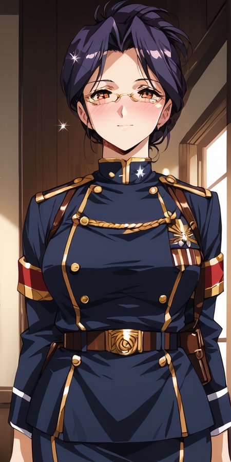 1girl, absurdres, uncensored, (sparkle:1.5)
score_9, score_8_up, score_7_up, score_6_up, source_anime, zPDXL3,
(mature female), cowboy shot,
BREAK.
indoors, seductive smile, smile,
BREAK
BREAK
 Ridget, glasses, uniform, folded ponytail, purple eyes, purple hair, military, military uniform, belt, <lora:Urushihara Satoshi_XL_PONY_V2:0.9>,<lora:GargantiaontheVerdurousPlanet:0.8>