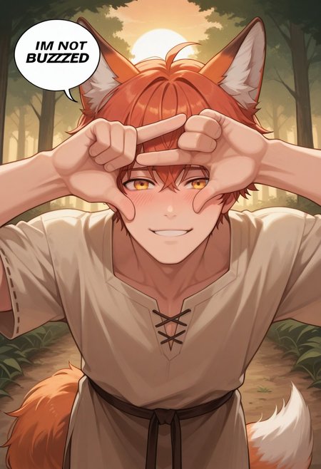 source_anime, (high quality:1.2), (best quality:1.2), sharp focus, ultra-detailed, dynamic shot, amazing quality, very aesthetic, absurdres, finger frame, (leaning forward:1.10), 1boy, solo, handsome, hot male, fox boy, animal ears, fox ears, fluffy fox tail with white tip, amber eyes, red-orange hair, animal ear fluff, bangs, SFW, looking at viewer, flushed, blushing, anatomically correct, (wide smile), male focus, detailed eyes, sunset, beige tunic, medieval fantasy, sunset, blush, outdoors, forest in background, (speech bubble, english text, talking, "I'm not Buzzed" in the speech bubble)