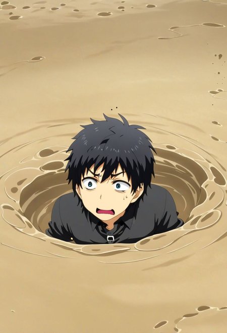 high resolution, solo, best quality, 1Boy, Arata Kaizaki, Black Hair, panic, trapped, quicksand, dying, OverallDetail