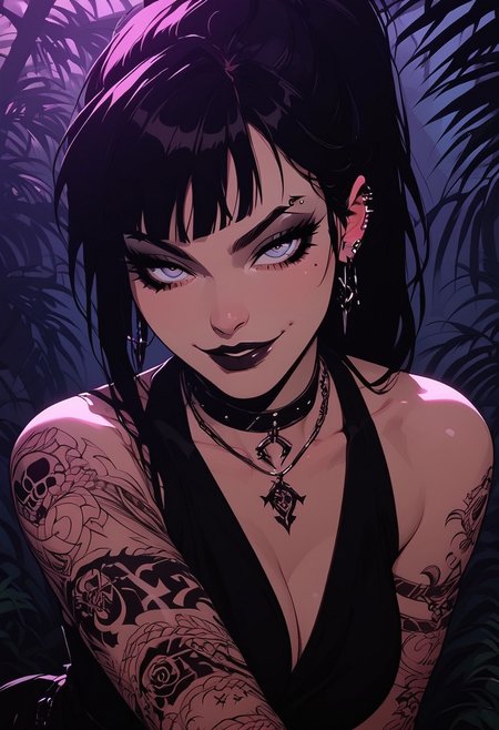 Score_9, Score8_up, Score_7_up, (((High Resolution, Best Quality))), 
1girl, solo, covered in tattoos, 
Goth, ponytail, pelvic curtain, choker, bracelet, necklace, 
Large breasts, large ass, toned legs, 
seductive pose, slutty pose, 
seducing, seductive, flirty, tender, loving, smirk,
Outside, tropical beach, 
Looking at viewer, Close up, Chiaroscuro Lighting Style, partially covered in shadow, ((silhouette, shadow)),