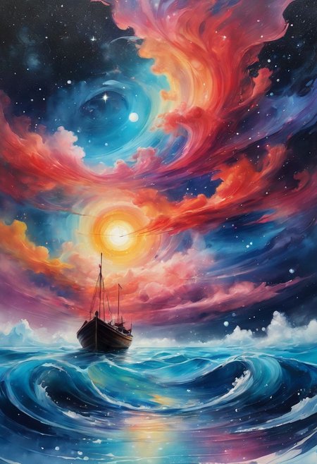 amazing watercolor painting  award winning, ((a boat floating on top of a body of water under a sky filled with stars, trending on cgsociety, fantasy art, colorful sunset, stars are hidden in the eyes, fantasy. gondola boat, gazing off into the horizon, stars and paisley filled sky, sunny rainbow galaxy stormy sea, wanderer, starry sky 8 k)), photo is taken with a Canon EOS R5 and a Canon RF 100-500mm f/4.5-7.1L IS USM lens, ultra high quality, ultra high detailed ,Stained Glass, snowflake textured Glas, colored glass pieces, product scene, translucent, transparent, , black haze, blue haze, red haze, paths, patched planet, stars, saturn planet, snow, earth planet ,Surreal Harmony, yamer style, SLPASHTER_3-7000, Gorgeous splash of vibrant paint, paintmgc, colorful paint, Colorsplash