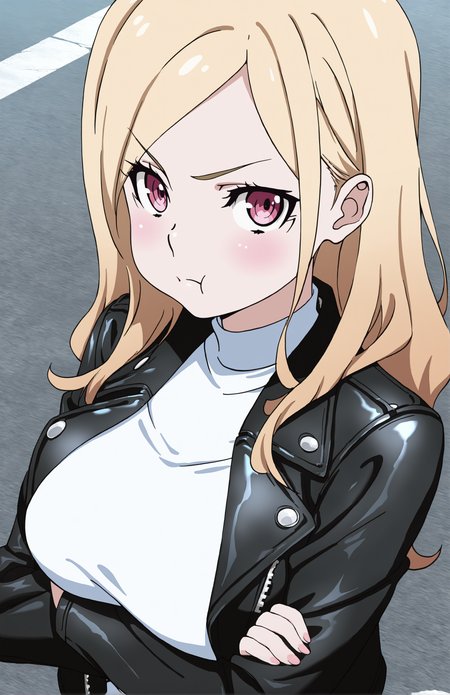 ChaikaStyle, 1girl, solo, blonde hair, pink eyes, leather jacket, big breast, street, jeans, white shirt, front view, looking at viewer, crossed arms, :t
