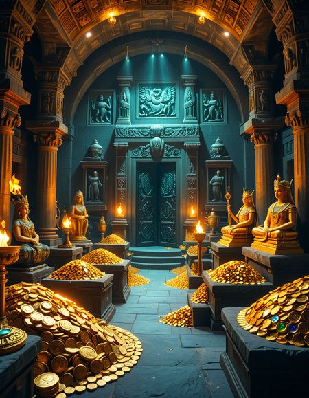A hidden treasure chamber deep within an ancient temple, illuminated by the warm golden glow of torches and mystical blue light from enchanted crystals. The room is filled with piles of gold coins, jewel-encrusted goblets, and ancient artifacts covered in dust. Massive stone statues of forgotten deities guard the chamber, their eyes glowing faintly as if watching intruders. In the center, a grand pedestal holds a legendary artifactâan ornate golden crown encrusted with emeralds and sapphires, shimmering with an otherworldly aura. The walls are adorned with intricate carvings depicting lost civilizations, and creeping vines hint at centuries of abandonment. The atmosphere is mystical and slightly eerie, with a sense of both wonder and danger. The air is thick with the scent of aged parchment and burning incense, adding to the chamberâs ancient and mysterious feel. Cinematic lighting with dramatic shadows enhances the depth and richness of the scene, creating a visually stunning and immersive environment.
<lora:SDXLFaeTastic2400:0.4> <lora:extremely_detailed:0.4> extremely detailed, <lora:treasure_ch4mb3r:1>,treasure ch4mb3r, Masterpiece,best quality,hi res,8k,hi res,8k,award winning,(sharp focus, intricate, highly detailed),