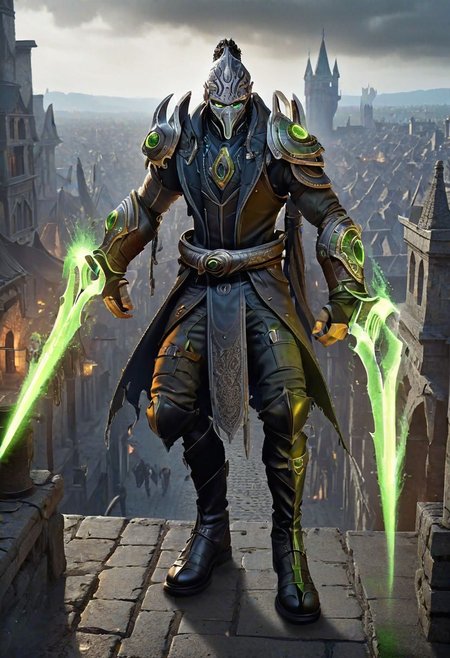 1man, psyblade glowing weapon, human rogue, medieval city background, leather boots, HD, masterpiece, best quality, hyper detailed, ultra detailed, super realistic