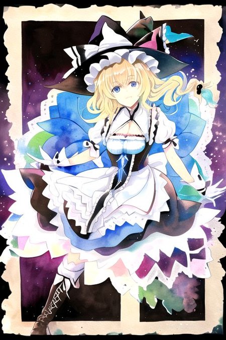 solo, 1girl, solo_focus, ((too many)):16, 
watercolor (medium), traditional media, 
kirisame_marisa_(curiosities_of_lotus_asia), kourindou marisa, 
too_many_lace, lace, broom, witch_hat, 1girl, boots, hat, long_hair, breasts, blonde_hair, solo, cross-laced_footwear, lace-up_boots, cleavage, hat_bow, blue_eyes, braid, brown_footwear, knee_boots, short_sleeves, huge_breasts, sagging_breasts, bow, witch, white_bow, frills, dress, gloves, puffy_sleeves, thighhighs, very_long_hair,