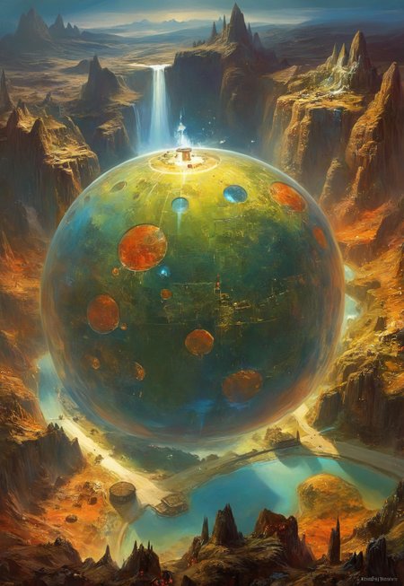 ((((High angle From avove, camera from above, Bird's-eye view, aerial shot view)))), professional concept-art painting,  epic scifi/fantasy,
In the heart of the absurdes, a giant  transparent sphere envelop fantasy village.The village within are portrayed with intricate detail, surreal masterpiece of contrast, blending the energy of  fantasy village with the scifi aesthetic of a sphere,mix of science fiction and fantasy,caustics,detailed reflections,glossy,refraction,(acid bleeding deep colors:1.2), atmospheric, mysterious, painted in high resolution, colorful, primary colors, dark fantasy art,  Grisaille, no gradients,  illustration, (no humans:1.3),	
