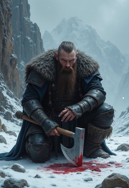 An atmospheric and powerful dark fantasy image,  classical style painting of a rugged dwarven warrior dressed in intricate black armor.  He crouches with his head facing viewer and with a sorrowful visage . He holds a powerful axe. There is blood in the snow around him from a fallen enemy. Cinematic shot in a snowy mountainous region.
